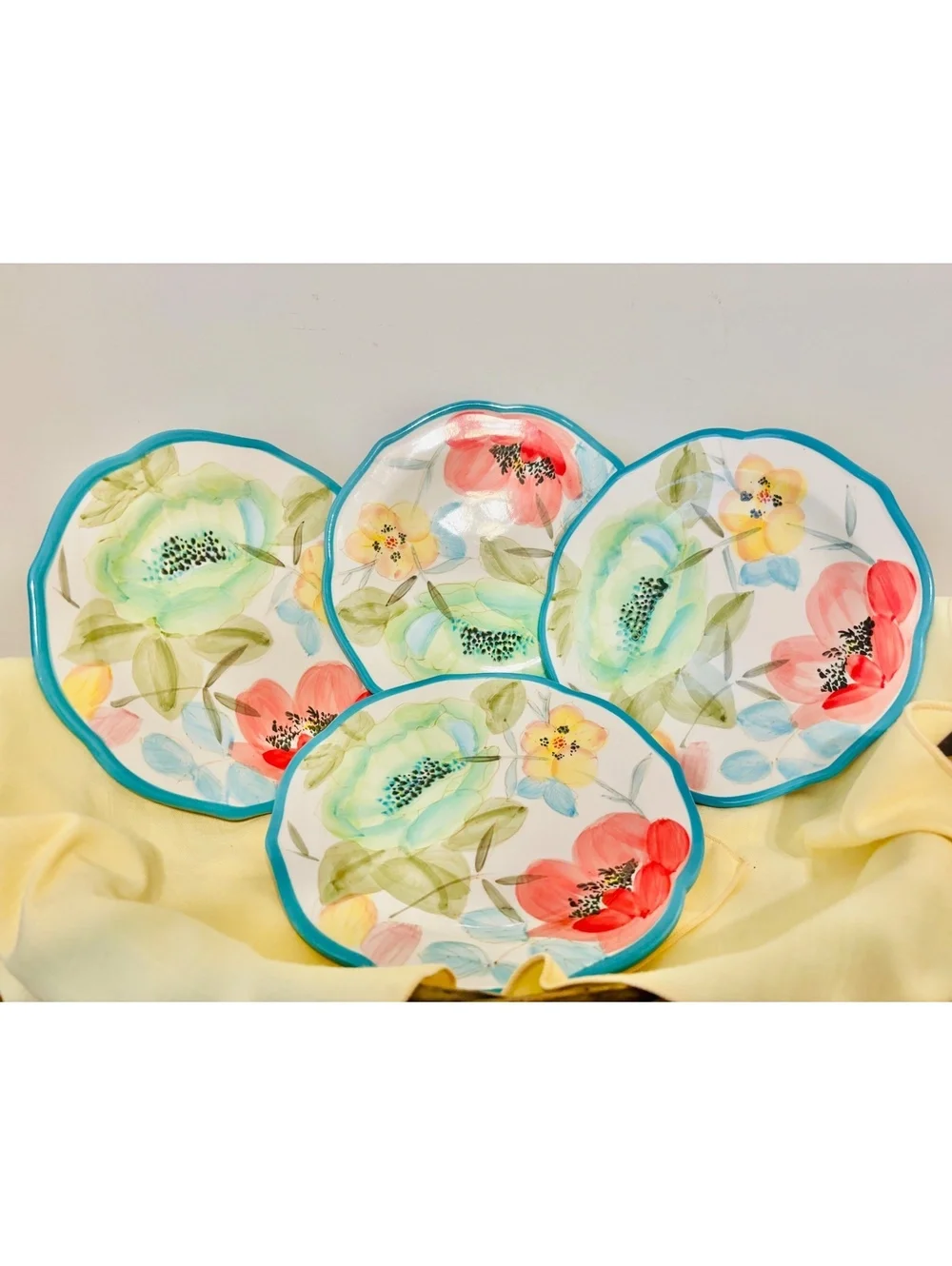 4 Pioneer Women Teal 2016 Retired Floral Bloom Salad Dessert Plates 8.5